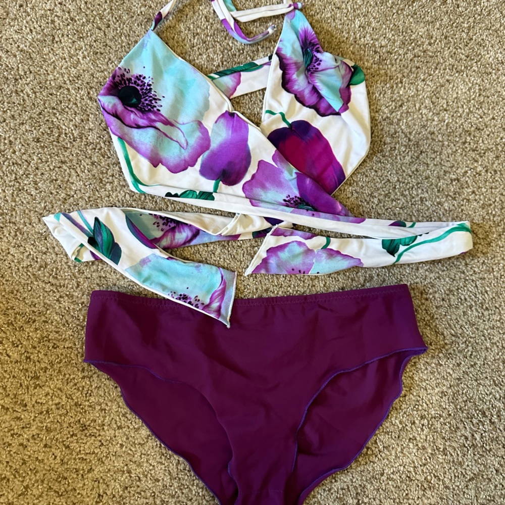 Custom purple swimsuit size large wrap top